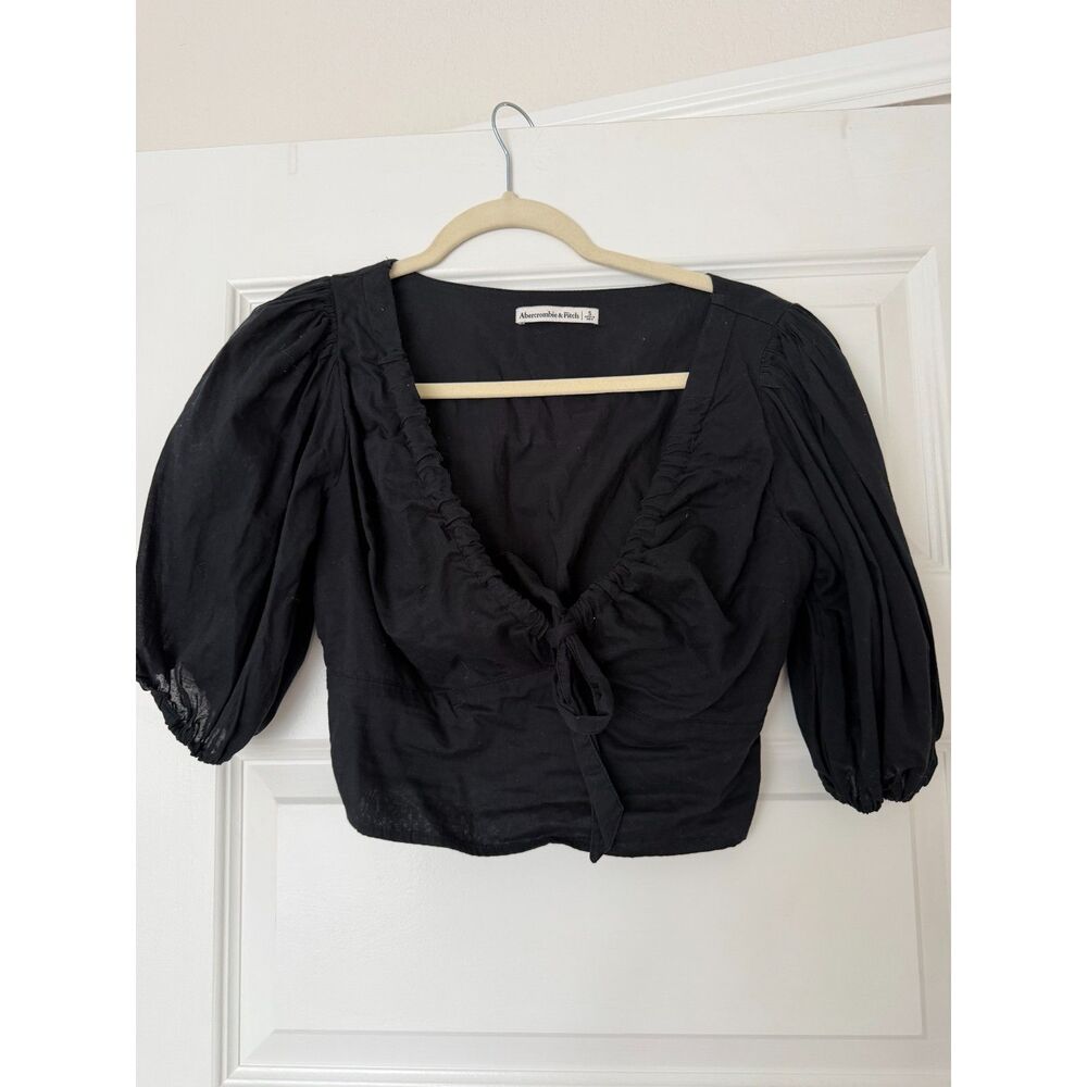 Abercrombie & Fitch Black Puff Sleeve Tie Front Cropped Blouse Small